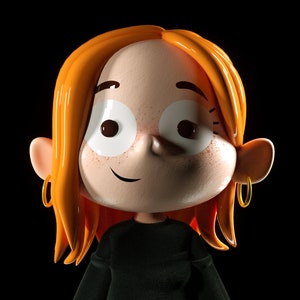 May include: A 3D cartoon illustration of a person with orange hair, wearing a black shirt and gold hoop earrings. The person has a friendly expression with large eyes and a slight smile.