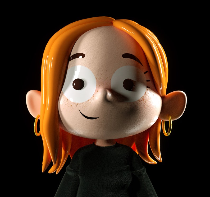 May include: A 3D cartoon illustration of a person with orange hair, wearing a black shirt and gold hoop earrings. The person has a friendly expression with large eyes and a slight smile.