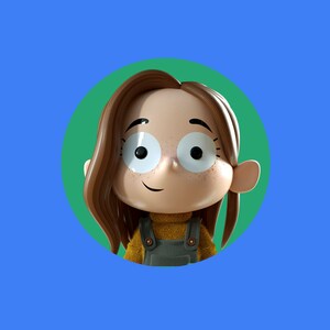 May include: A cartoon illustration of a girl with brown hair, wearing a yellow sweater and blue overalls. She has freckles and big eyes.