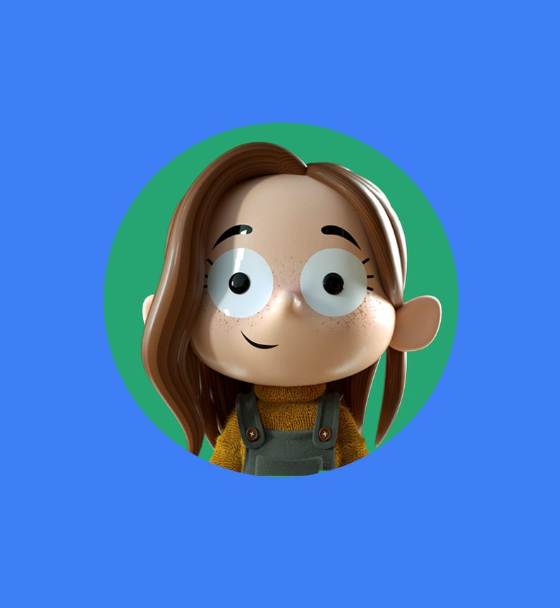 May include: A cartoon illustration of a girl with brown hair, wearing a yellow sweater and blue overalls. She has freckles and big eyes.