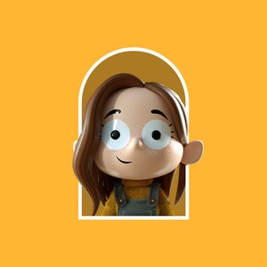 May include: A cartoon illustration of a girl with brown hair, wearing a yellow sweater and green overalls, looking to the side with a smile.