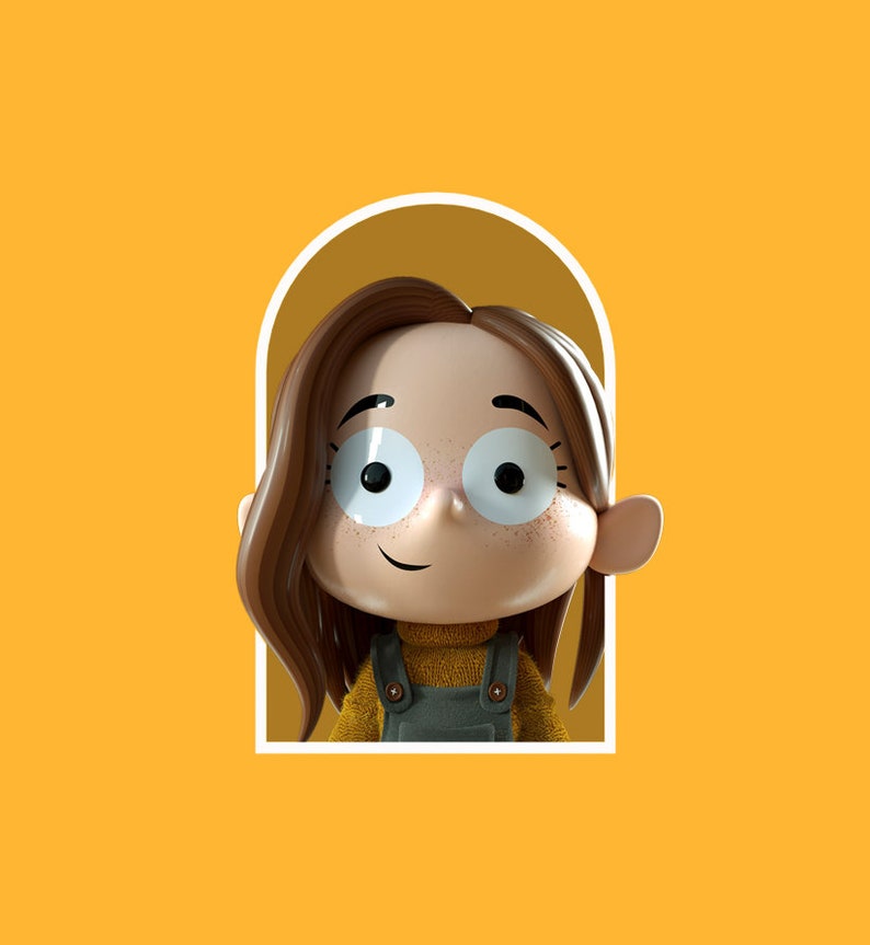 May include: A cartoon illustration of a girl with brown hair, wearing a yellow sweater and green overalls, looking to the side with a smile.