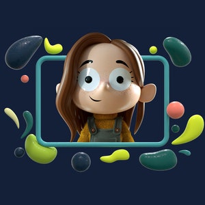 May include: A cartoon illustration of a girl with brown hair and freckles, wearing a yellow sweater and blue overalls, framed by colorful abstract shapes.