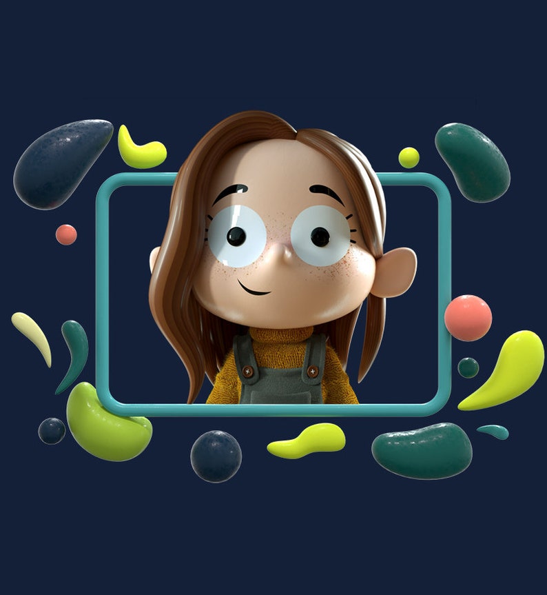 May include: A cartoon illustration of a girl with brown hair and freckles, wearing a yellow sweater and blue overalls, framed by colorful abstract shapes.