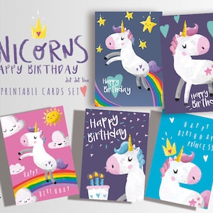 Joyeux anniversaire Licorne 9 cartes imprimables ensemble INSTANT DOWNLOAD, Carte d’anniversaire Licorne, Licorne carte imprimable, carte de fête Licorne