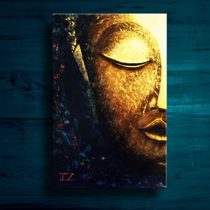 Large Abstract oil Painting on Canvas, Glowing Buddha Contemporary Art Modern, Huge Size Art, Acrylic Canvas Painting blue gold white image 2