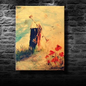 oil painting, modern art, Windmill and poppies, canvas art, paintings on canvas, wall art, painting, abstract painting, wall painting, art image 1