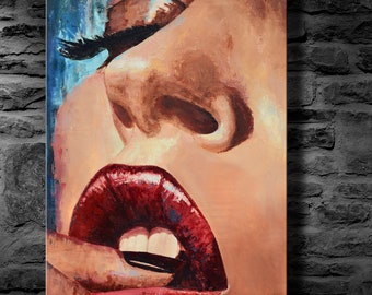 Large Abstract oil Painting modern art Women's Lips Finger and Face" canvas art paintings on canvas large wall art mouth red beige pink blue