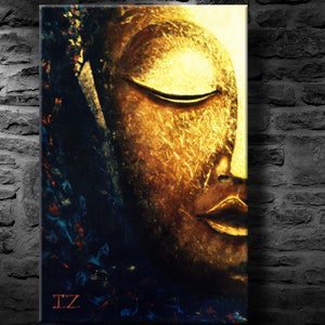 Large Abstract oil Painting on Canvas, Glowing Buddha Contemporary Art Modern, Huge Size Art, Acrylic Canvas Painting blue gold white image 1