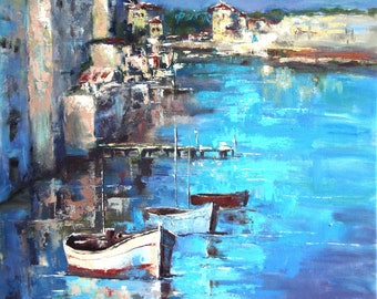 oil painting, modern art, "Boats and old town", canvas art, paintings on canvas, wall art, abstract painting, canvas art, canvas painting