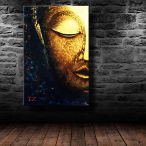 Large Abstract oil Painting on Canvas, Glowing Buddha Contemporary Art Modern, Huge Size Art, Acrylic Canvas Painting blue gold white image 8