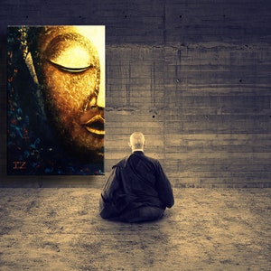 Large Abstract oil Painting on Canvas, Glowing Buddha Contemporary Art Modern, Huge Size Art, Acrylic Canvas Painting blue gold white image 7