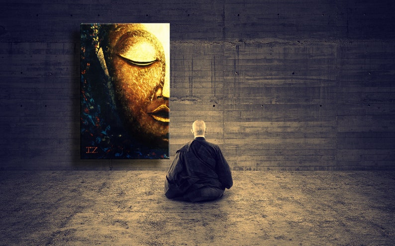 Large Abstract oil Painting on Canvas, Glowing Buddha Contemporary Art Modern, Huge Size Art, Acrylic Canvas Painting blue gold white image 7