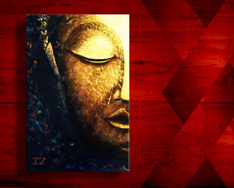 Large Abstract oil Painting on Canvas, Glowing Buddha Contemporary Art Modern, Huge Size Art, Acrylic Canvas Painting blue gold white image 6