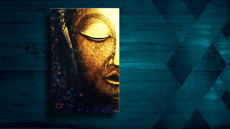 Large Abstract oil Painting on Canvas, Glowing Buddha Contemporary Art Modern, Huge Size Art, Acrylic Canvas Painting blue gold white image 2