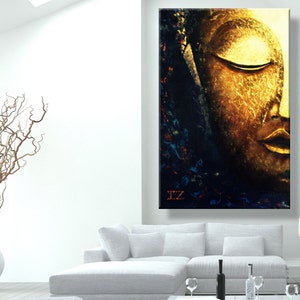 Large Abstract oil Painting on Canvas, Glowing Buddha Contemporary Art Modern, Huge Size Art, Acrylic Canvas Painting blue gold white image 5