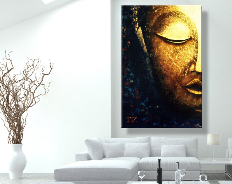 Large Abstract oil Painting on Canvas, Glowing Buddha Contemporary Art Modern, Huge Size Art, Acrylic Canvas Painting blue gold white image 5