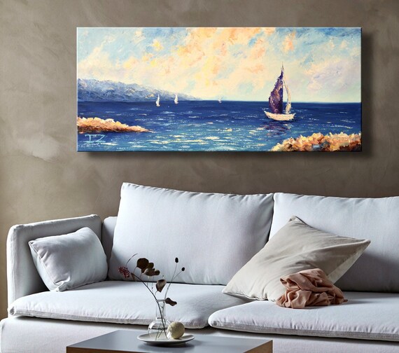 Oil Painting Modern Art Purple Sailboat Canvas Etsy
