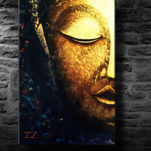 Large Abstract oil Painting on Canvas, Glowing Buddha Contemporary Art Modern, Huge Size Art, Acrylic Canvas Painting blue gold white image 9