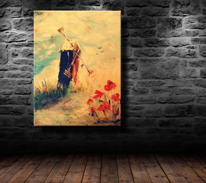 oil painting, modern art, Windmill and poppies, canvas art, paintings on canvas, wall art, painting, abstract painting, wall painting, art image 1