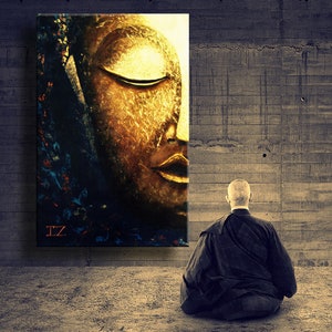 Large Abstract oil Painting on Canvas, Glowing Buddha Contemporary Art Modern, Huge Size Art, Acrylic Canvas Painting blue gold white image 3