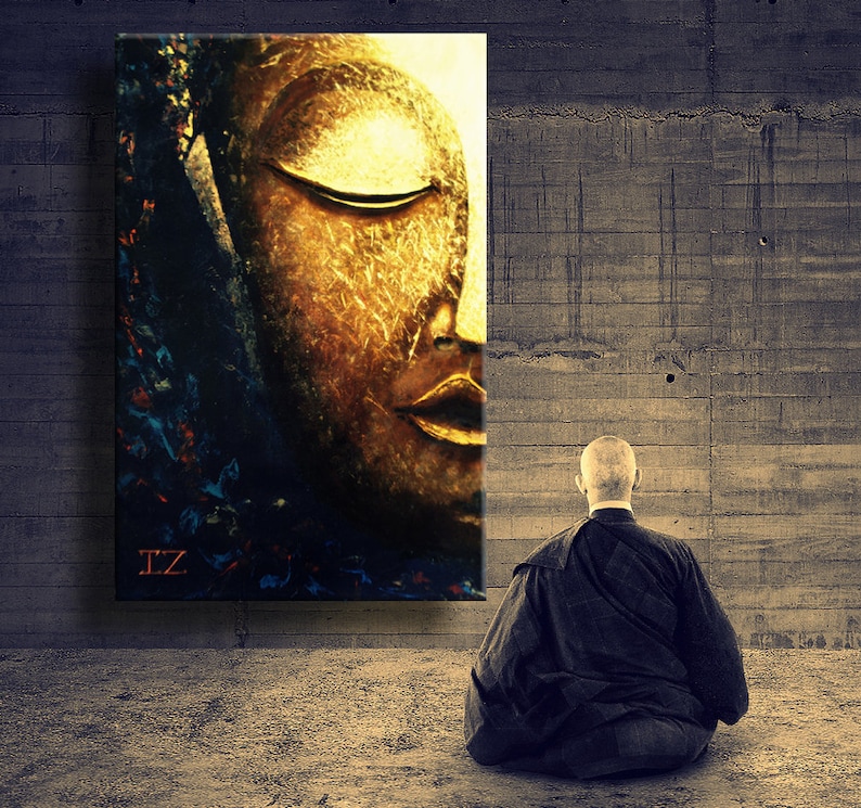 Large Abstract oil Painting on Canvas, Glowing Buddha Contemporary Art Modern, Huge Size Art, Acrylic Canvas Painting blue gold white image 3