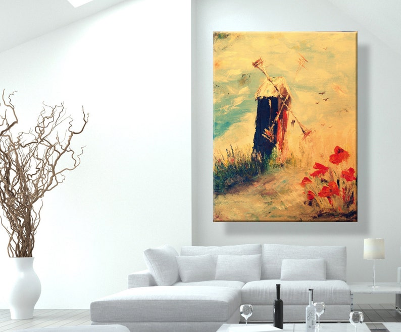 oil painting, modern art, Windmill and poppies, canvas art, paintings on canvas, wall art, painting, abstract painting, wall painting, art image 2