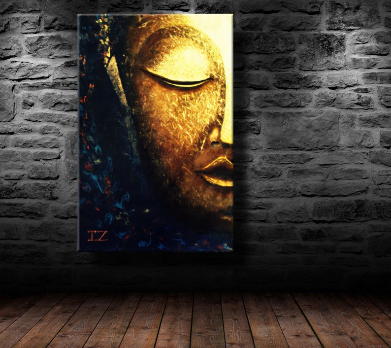 Large Abstract oil Painting on Canvas, Glowing Buddha Contemporary Art Modern, Huge Size Art, Acrylic Canvas Painting blue gold white image 4