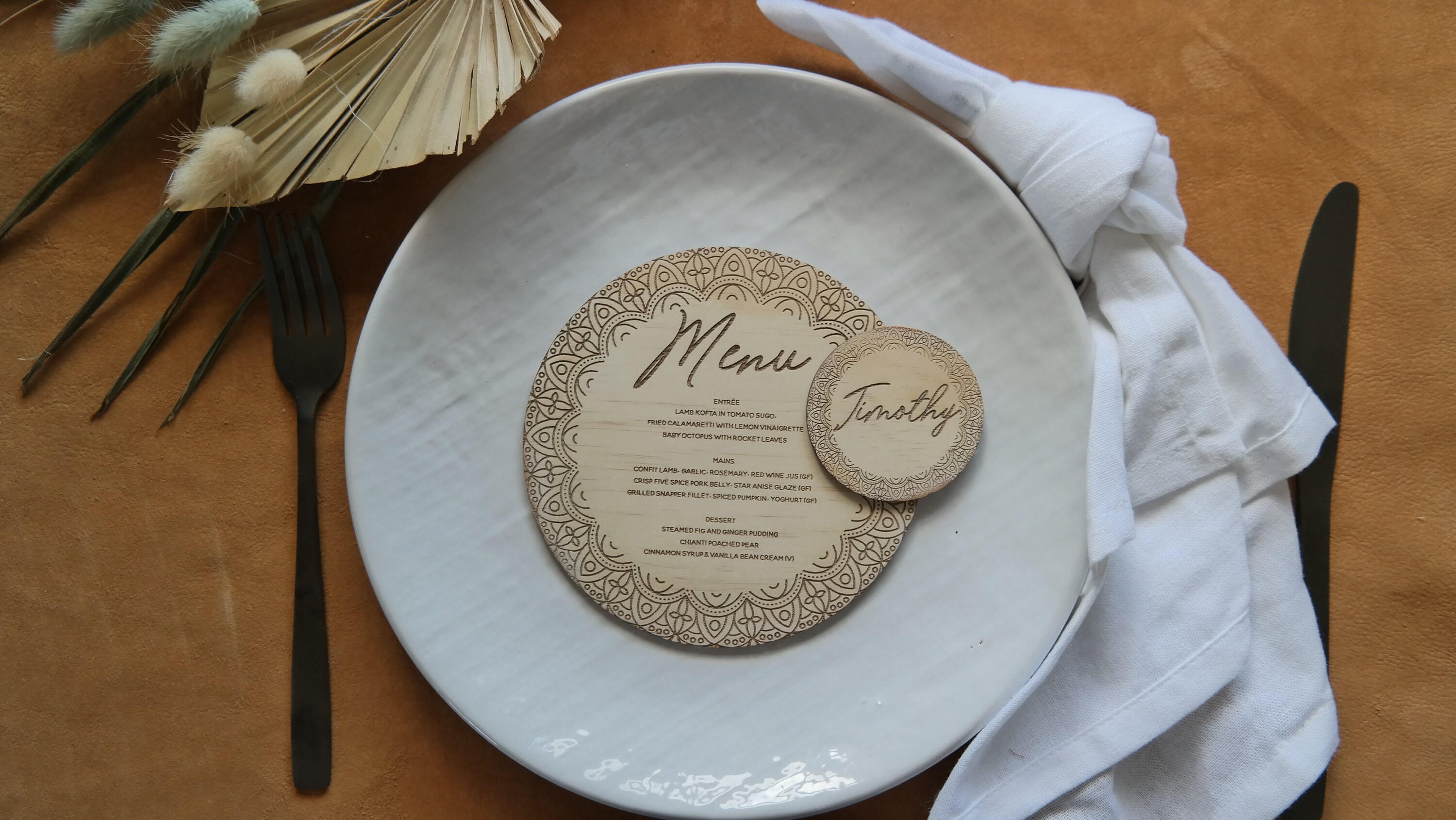 Mandala Round Menu Card - Wood Menu - Set of 10