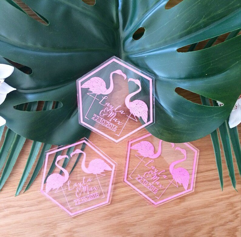 Set of 10 Acrylic customised coasters Wedding coasters Pink Flamingo