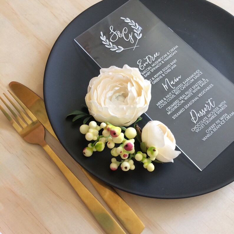 Acrylic Menus. Clear Acrylic Wedding Menus. Olive Leaf Motif Etsy