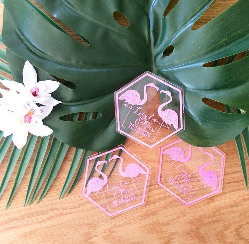 Set of 10 Acrylic customised coasters Wedding coasters Pink Flamingo