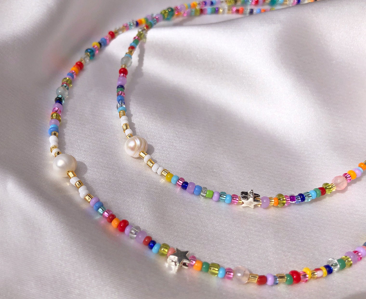 Rainbow seed bead choker necklace with mini star and | Etsy