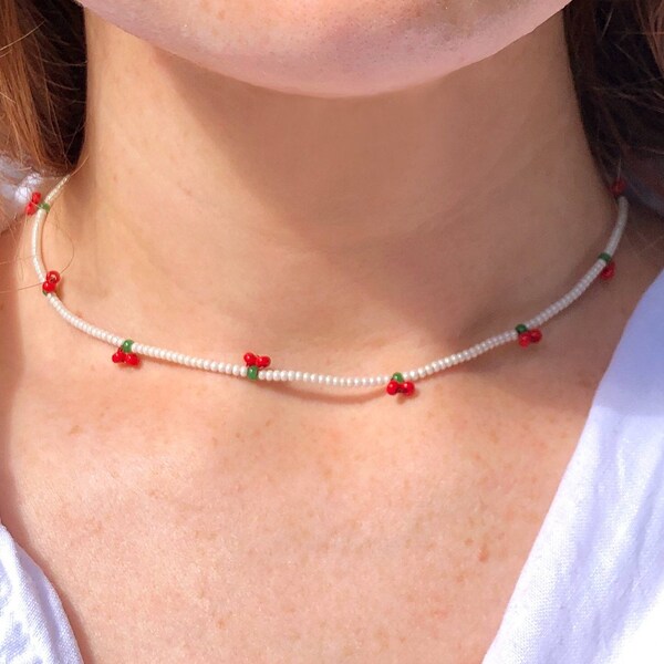 Mini cherry seed bead necklace | Cute fruit accessory for a self gift
