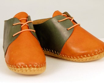 Baby shoes, Orange-blue shoes, Baby Moccasins, Leather Moccasins, Bow Moccasins, Newborn gift, Soft Soled edible dye handmade.