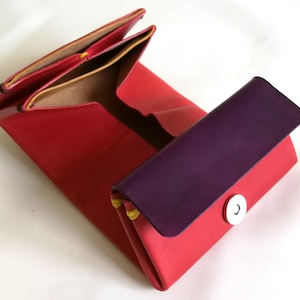 Cartera de cuero para amantes del origami en 3 colores, Cartera origami unisex roja, violeta y amarilla  para tarjetas, billetes y monedas,