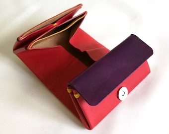 Cartera de cuero para amantes del origami en 3 colores, Cartera origami unisex roja, violeta y amarilla  para tarjetas, billetes y monedas,