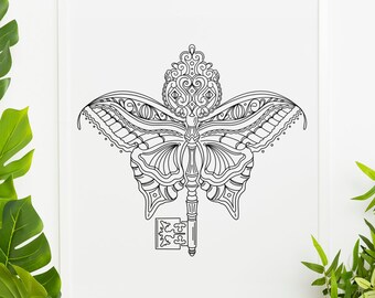 Mandala Butterfly and Key Print, Home Decor Wall Art, Butterfly Gift, Butterfly Artwork, Butterfly Print