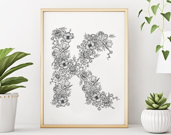 Delicate Pretty Floral Initial Letter Print, Wall Art, Home Decor