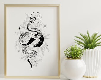 Floral Space Snake Print, Moon and Stars Snake Print, Galactic, Tattoo Snake, Halloween Decor, Halloween Art, Snake Wall Decor