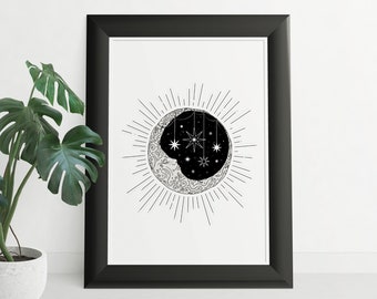 Moon and The Stars Print, Galactic Wall Art, Moon Home Decor