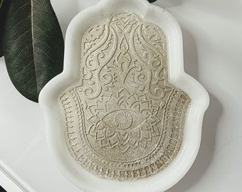 Handmade Hamsa Hand Trinket Tray, Hamsa Decor, Boho, Hippie Decor, White Trinket, Black Trinket, Jewellery Holder