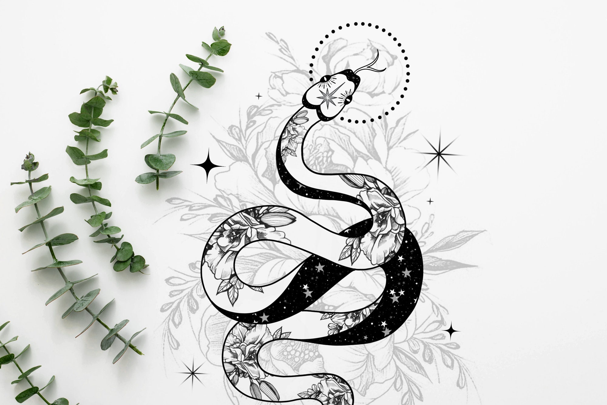 Floral Space Snake Print, Moon and Stars Snake Print, Galactic, Tattoo