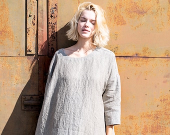 Leinenkleid mit DROP SHOULDER lange Ärmel / in bernsteingelb / Oversized Lockerbeschlag / Gewaschene Leinen Tunika