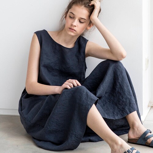 Smock linen dress in MAXI length shops / Maxi washed linen summer dress / Charcoal sleeveless linen summer dress / Washed long linen dress