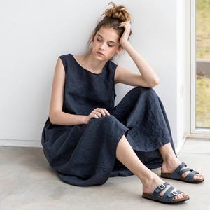 Smock linen dress in MAXI length / Maxi washed linen summer dress / Charcoal sleeveless linen summer dress / Washed long linen dress