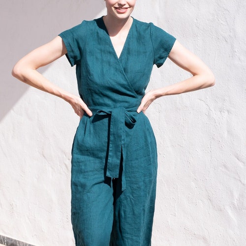 Wrap Linen Jumpsuit / Washed Long Linen Overall / Linen Romper - Etsy