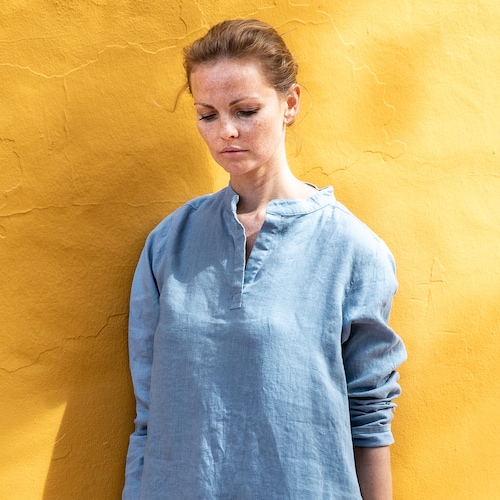 Linen Shirt Dress Navy Melange front Fulllength Buttoned Etsy