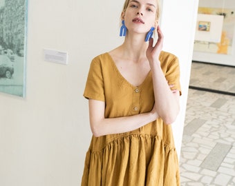 Linen Dress "VOLUME-3" Short Sleeve / midi dress / drop waist dress / casual dress