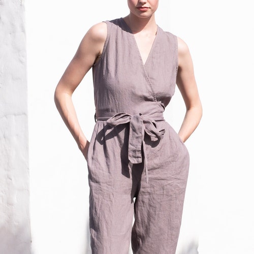 Long WRAP Linen Jumpsuit / Washed Linen Overall / Linen Romper Etsy